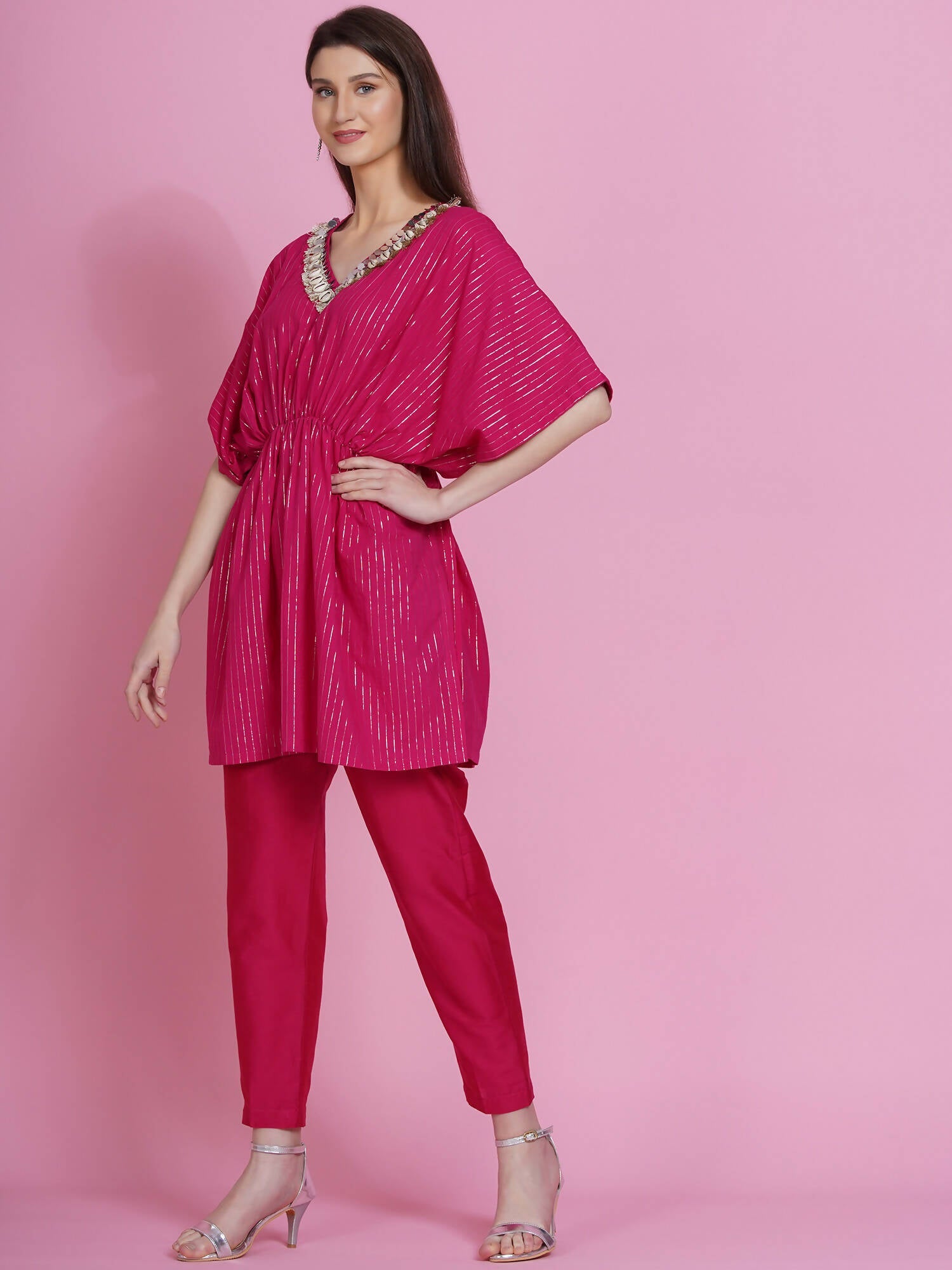 Women Republic Pink Lurex Cotton Kaftan Style Kurta With Pants | Grocsy