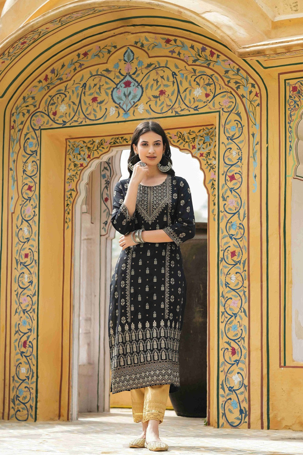 Juniper Black Rayon Festive Printed Straight Kurta For Women | Grocsy