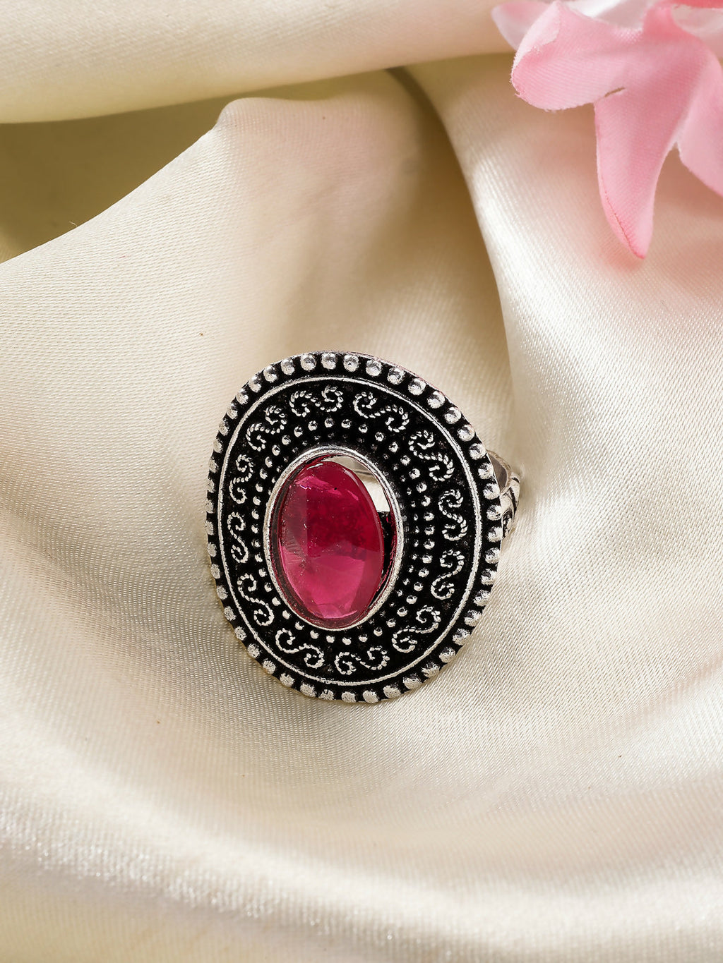 NVR Women's Pink Silver-Toned German Silver Adjustable Finger Ring | Grocsy