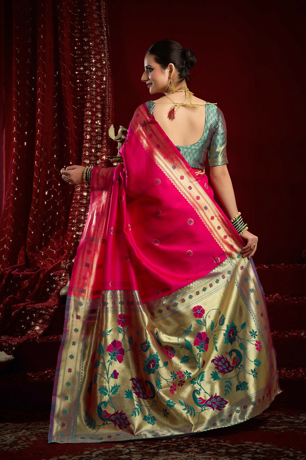 Joban Fashion Pink Paithani Silk Blend Butti Saree | Grocsy