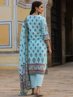 Juniper Women's Skyblue Cambric Floral Placement Printed Straight Fit Kurta Sets | Grocsy