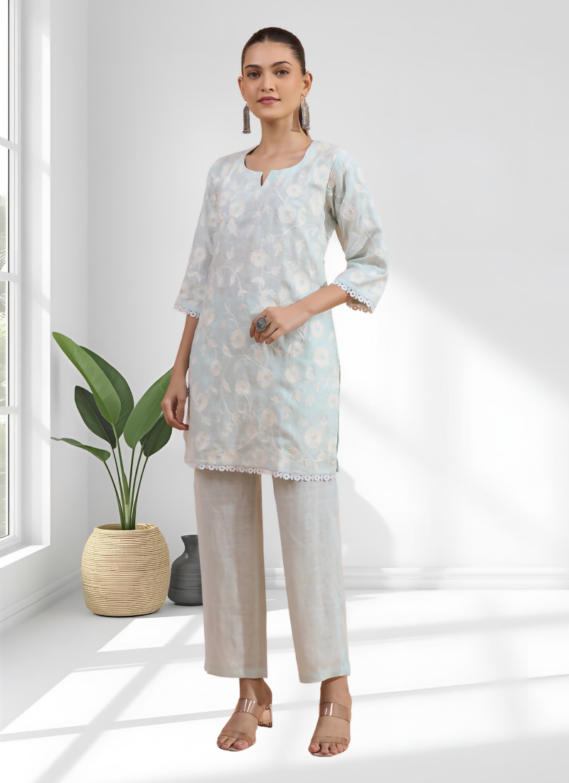 Joban Fashion Sky Blue Linen Embroidered Readymade Cord Set | Grocsy