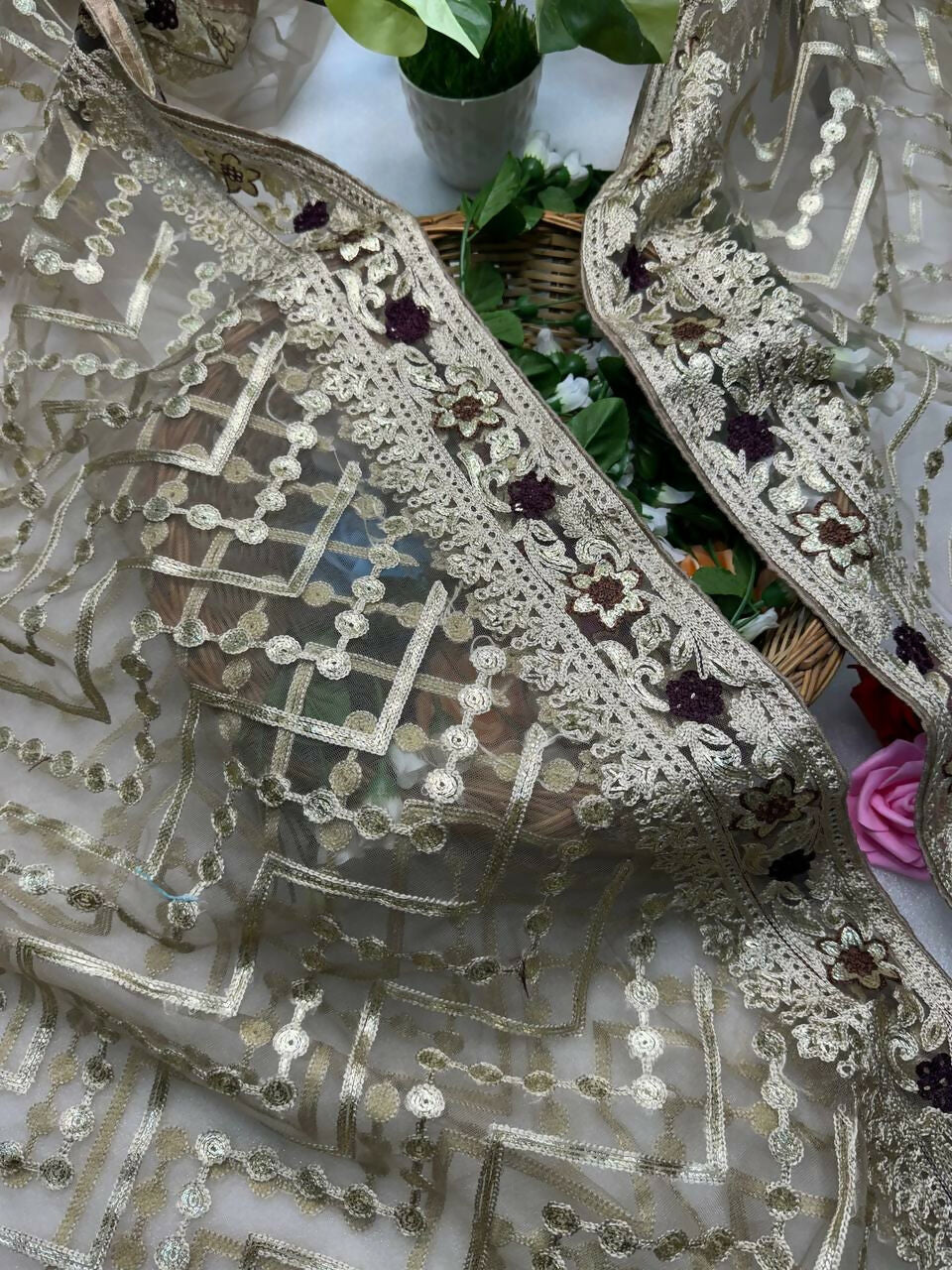 Vastranavya Butterfly Net Designer Chain Stitch Embroidery Work with Foil Thread & Stone Work Saree with Blouse Material - Beige | Grocsy