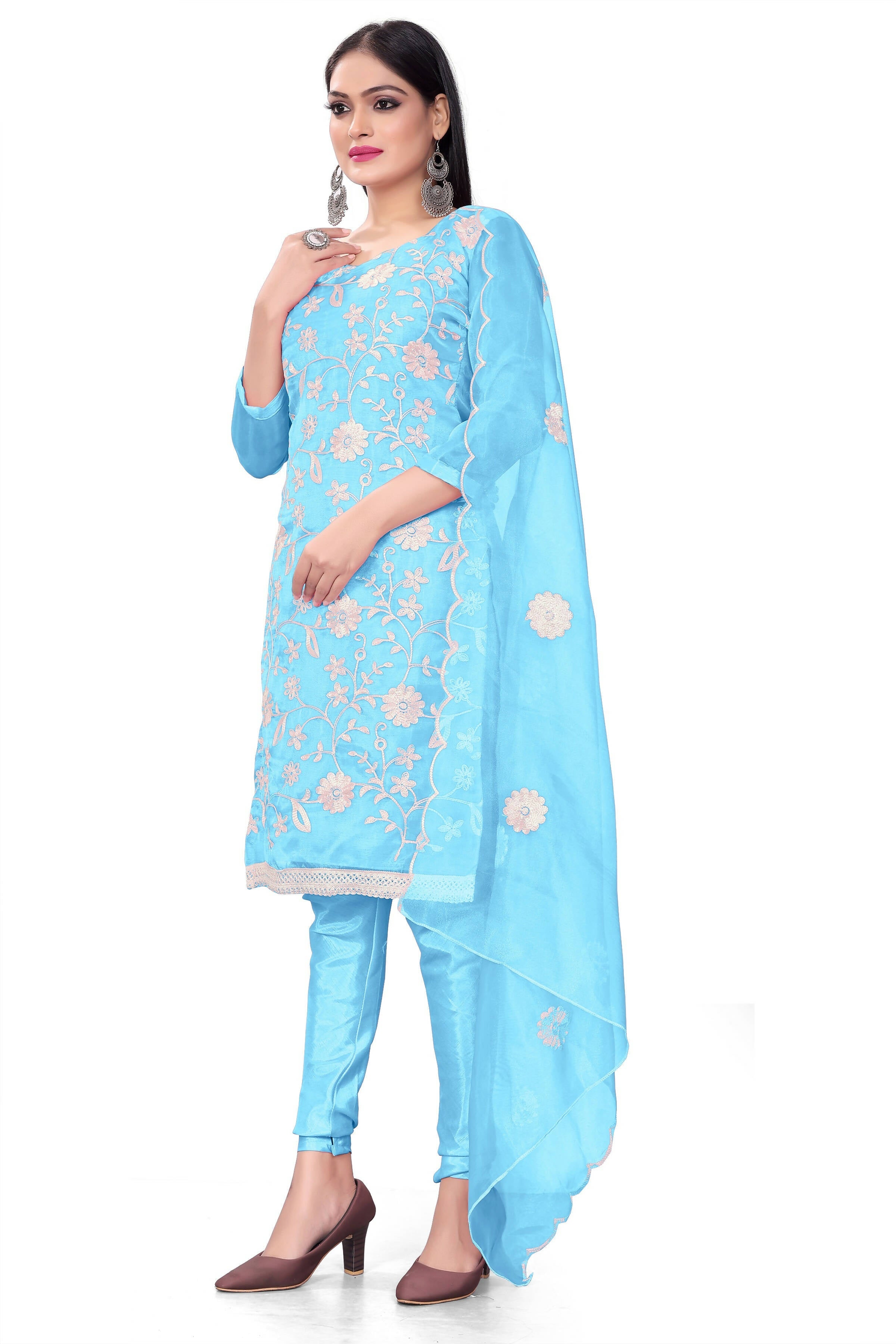 Sky Blue Organza Silk Embroidered Work Unstitched Dress Material - Tanvi | Grocsy