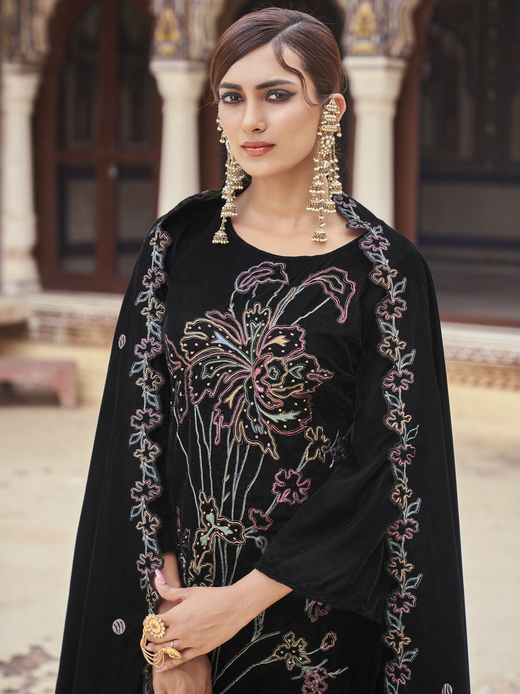 Jyoti Fashion Women's Black Velvet Resham Thread with Jari & Sequin Kurta with Trouser & Dupatta | Grocsy