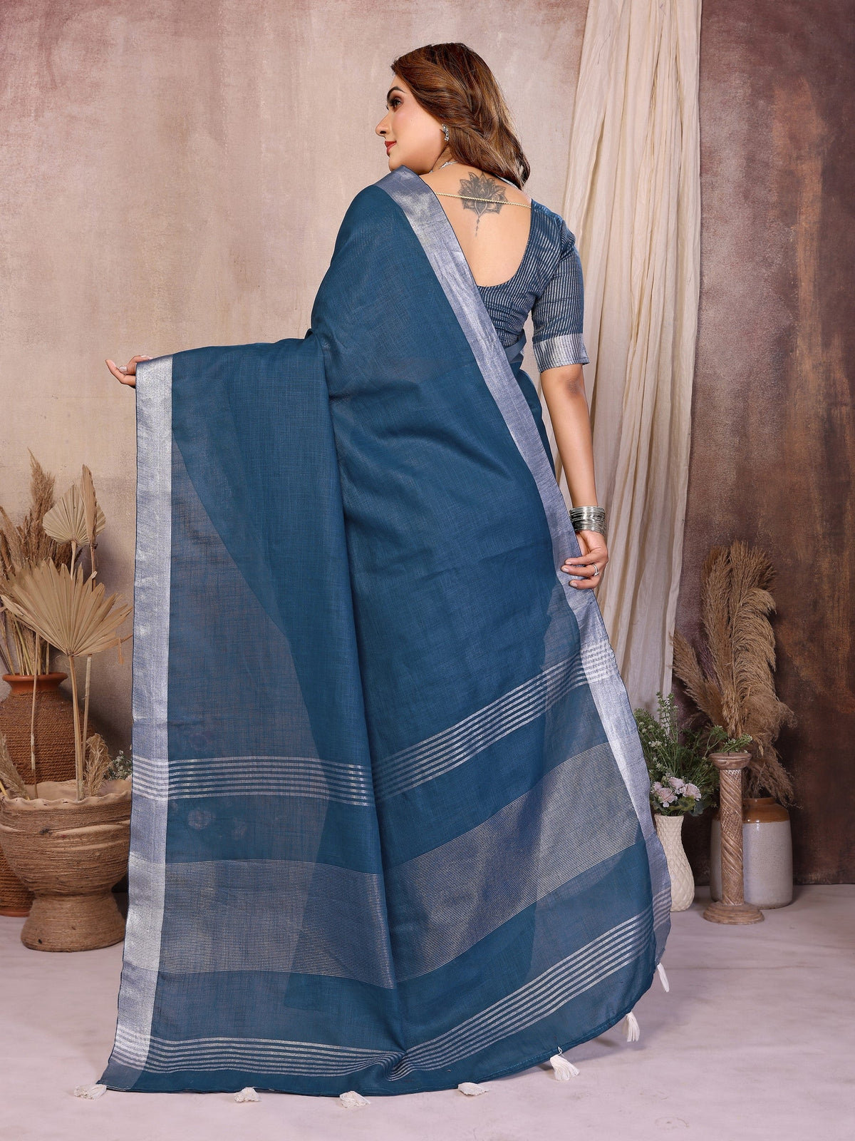 Anaita Navy Blue Weaving Linen Cotton Saree With Blouse | Grocsy