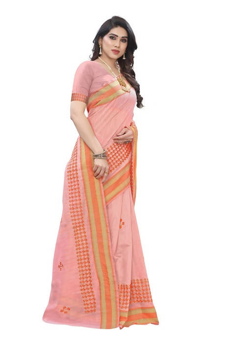 Vamika Embroidery Peach Chanderi Saree (MINI CHECKS PEACH) | Grocsy