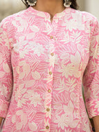 Juniper Women's Pink Floral Printed Cotton Kurta Set With Buttons | Grocsy