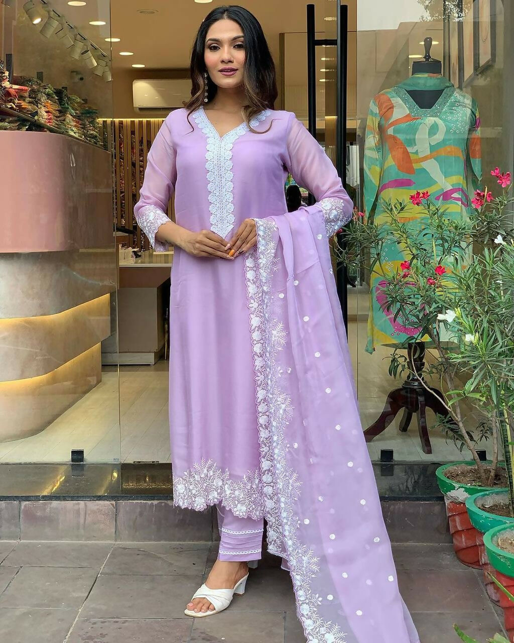 The52 Lavender Women's Gorgeous Embroidered Georgette Fabric Straight Kurta Pant with Dupatta Set | Grocsy