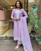 The52 Lavender Women's Gorgeous Embroidered Georgette Fabric Straight Kurta Pant with Dupatta Set | Grocsy
