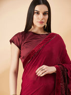 Maroon Lycra Embossed Fancy Velvet, Sequins Embroidery, Frill Details Saree - Norita Hit Design | Grocsy