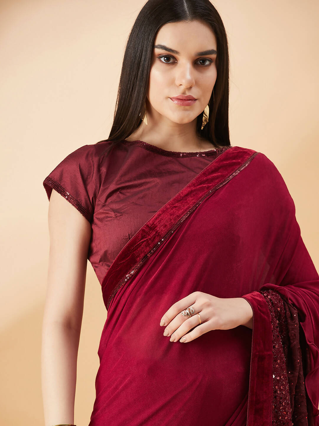 Maroon Lycra Embossed Fancy Velvet, Sequins Embroidery, Frill Details Saree - Norita Hit Design | Grocsy