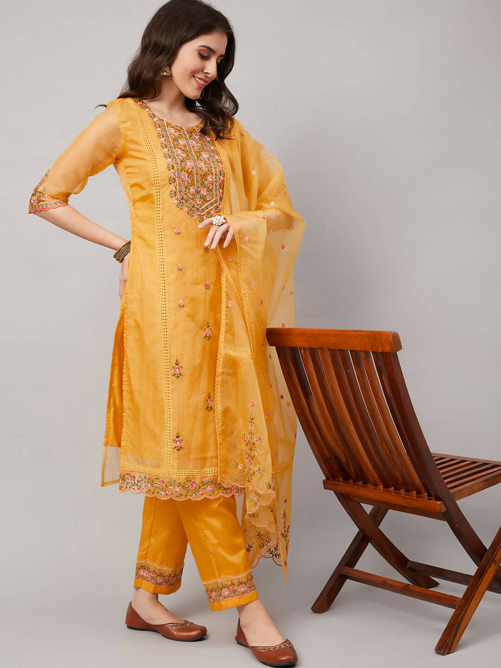 Yellow Organza Embroidered Kurta with Bottom & Dupatta - Salimar | Grocsy