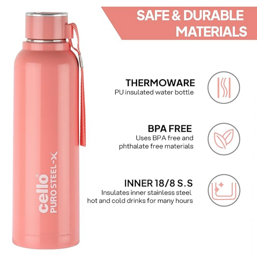Cello Puro Steel-X Benz 900 Inner Steel Insulated Water Bottle - Peach | Grocsy