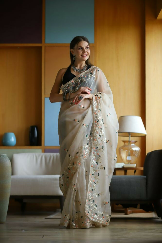 Vamsee Avantika Beige Organza Saree | Grocsy