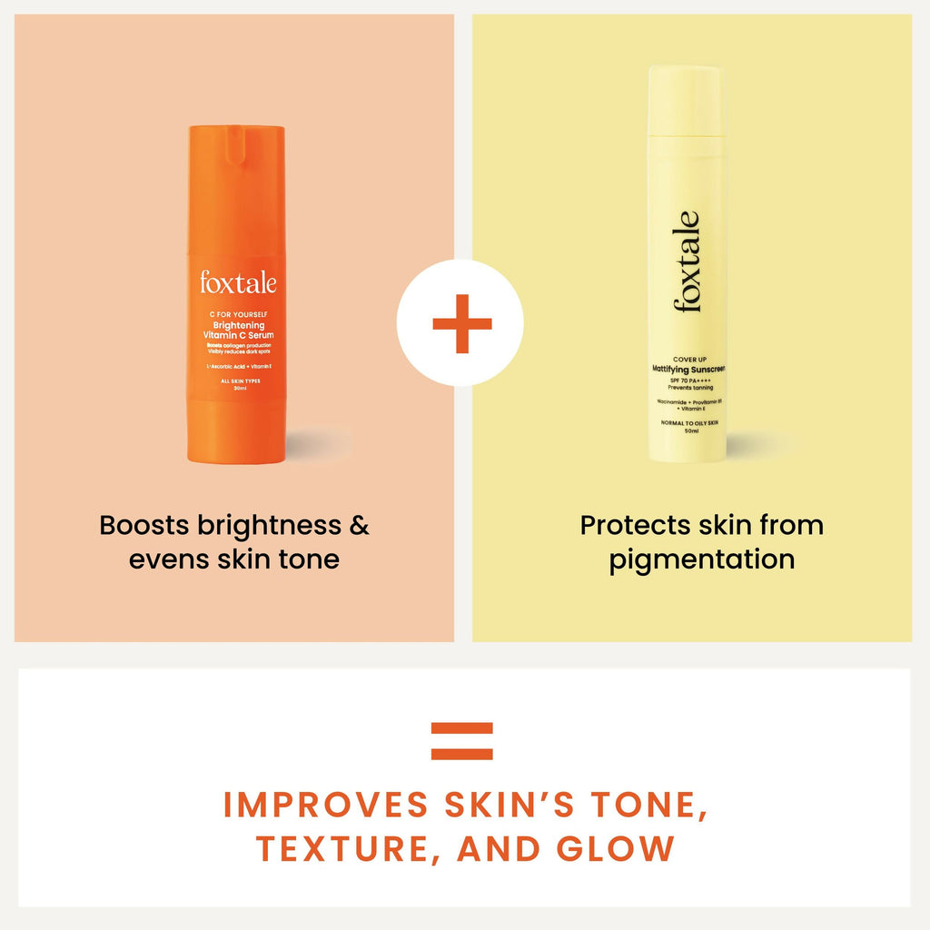 Foxtale Getting Even Skin Care Kit: C For Yourself Vitamin C Serum + Matte Finish Sunscreen | Grocsy