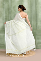 Piyari Fashion Women's White Embellished Cotton Blend Zari Check Handloom Saree | Grocsy