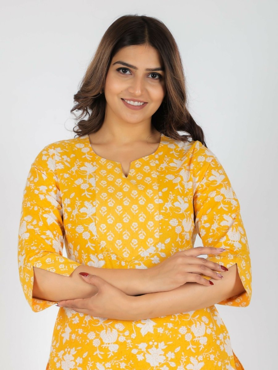 Aramya Yellow Soft Cotton Floral Print Straight Kurta Set for Women | Grocsy