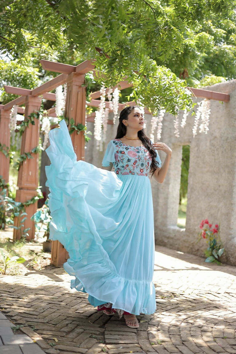 Jyoti Fashion Women's Sky Blue Sequins Thread Embroidery Faux Georgette Anarkali Dress | Grocsy