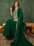 The52 Women's Beautiful Embroidery Work Vichitra Silk Fabric Flared Kurta Pant and Dupatta Set-Green | Grocsy