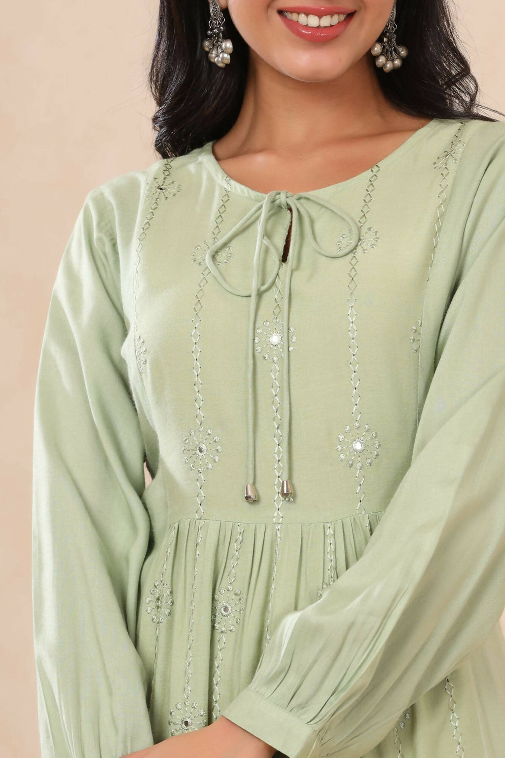 Juniper Women Lightolive Rayon Embroidered A-Line Dress | Grocsy