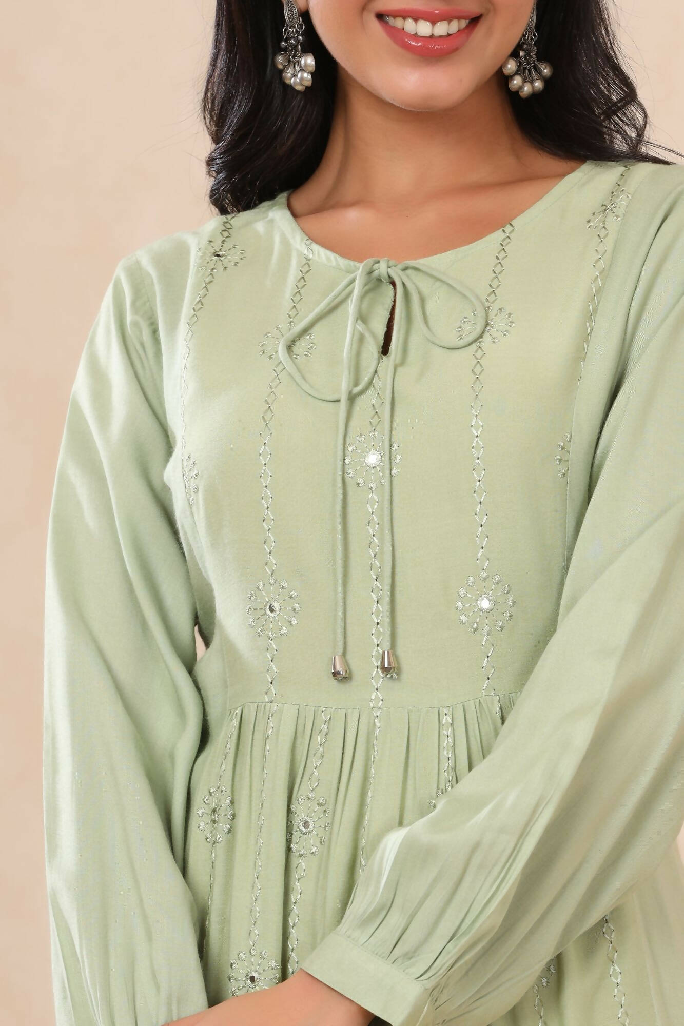 Juniper Women Lightolive Rayon Embroidered A-Line Dress | Grocsy
