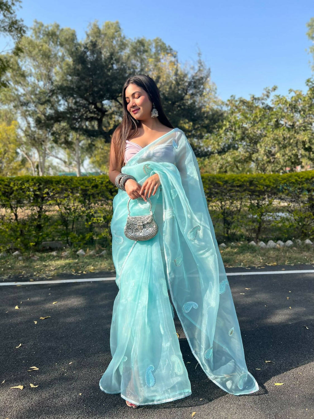 Vamsee Sky Blue Organza Saree | Grocsy