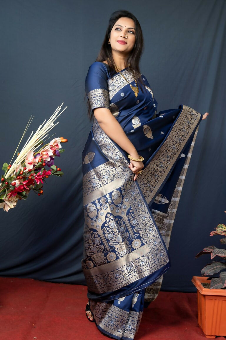 Jyoti Fashion Women's Navy Blue Paithani Silk Zari Woven Saree with Blouse | Grocsy