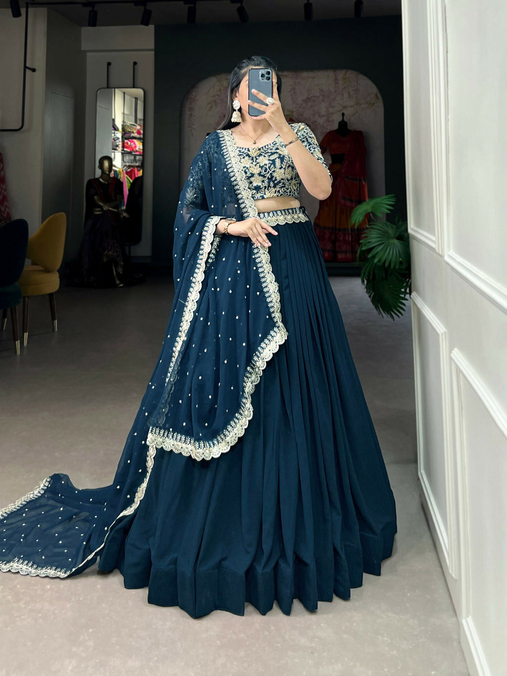 Vastranavya Gorgeous Georgette Lehenga Choli With Embroidered Banglory Blouse - Teal | Grocsy