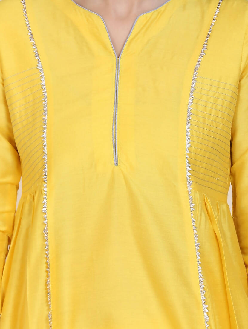 Cheera Women's Yellow Silk Blend With Gota Work Frock Dress With Silk Straight Pant Set | Grocsy
