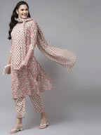 Yufta Pink Ethnic Motifs Printed Regular Pure Cotton Kurta with Trouser & Dupatta | Grocsy