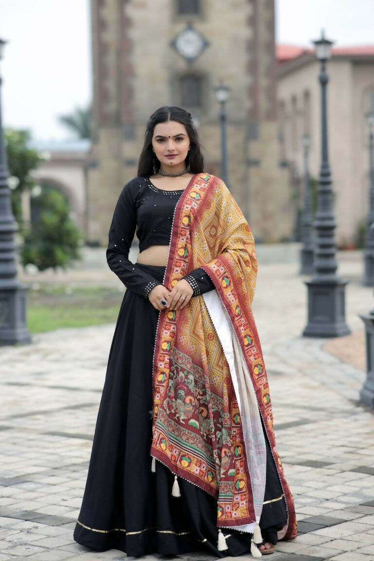 Vastranavya Navaratri Collection Gotta Patti Work & Blouse With Real Mirror Work Lehenga Choli - Black | Grocsy