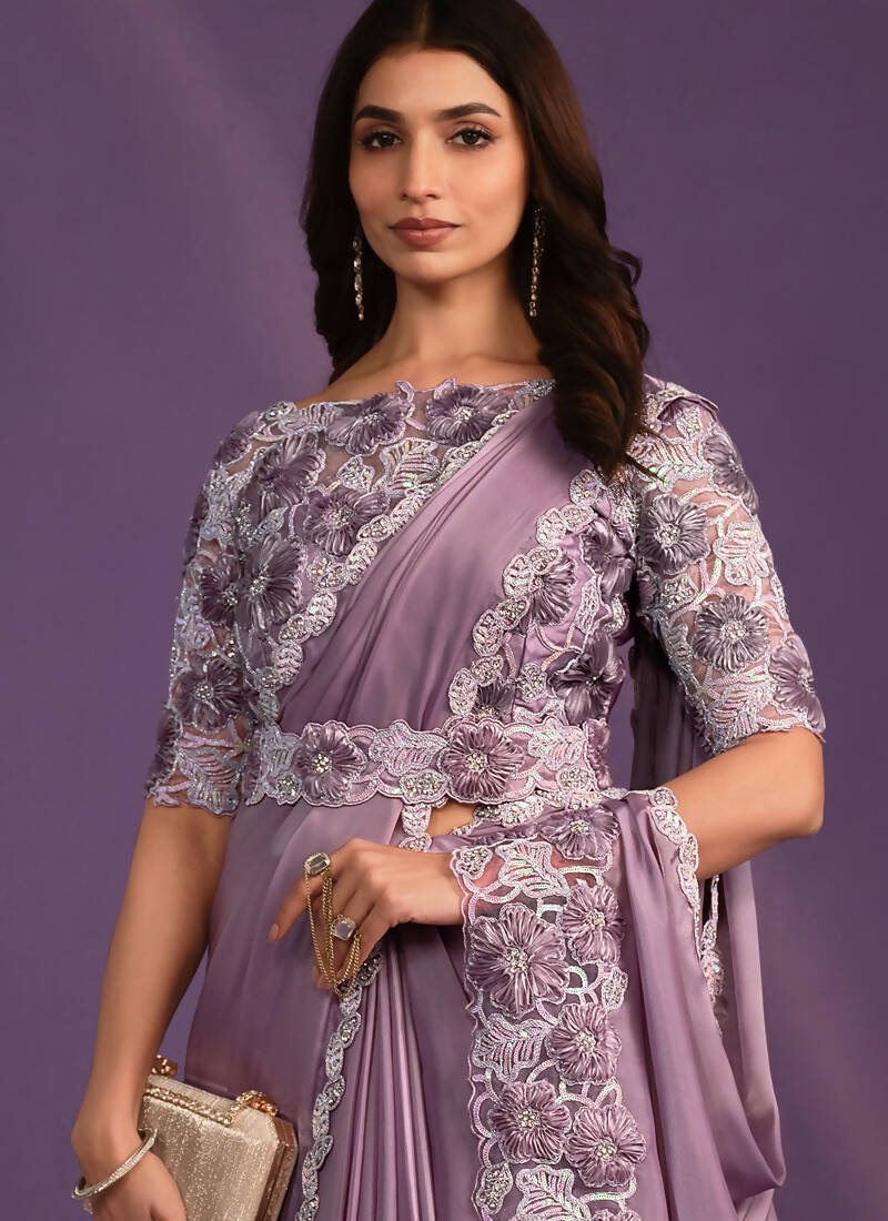 Lavender Crepe Satin Silk Embroidered Saree With Stitched Blouse - Mohmanthan Exotica | Grocsy