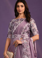 Lavender Crepe Satin Silk Embroidered Saree With Stitched Blouse - Mohmanthan Exotica | Grocsy