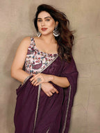 PR Fashion Wine Star Georgette Solid Georgette With Mirror Border Saree | Grocsy