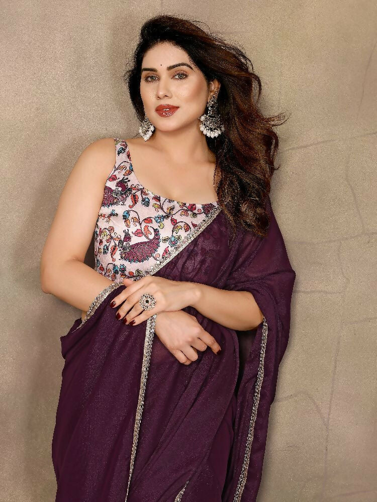 PR Fashion Wine Star Georgette Solid Georgette With Mirror Border Saree | Grocsy