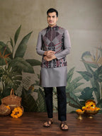 Vastranavya Grey Exclusive Festival Viscose Silk Thread & Swarovski Embroidered Work Mens Wear Kurta & Koti | Grocsy