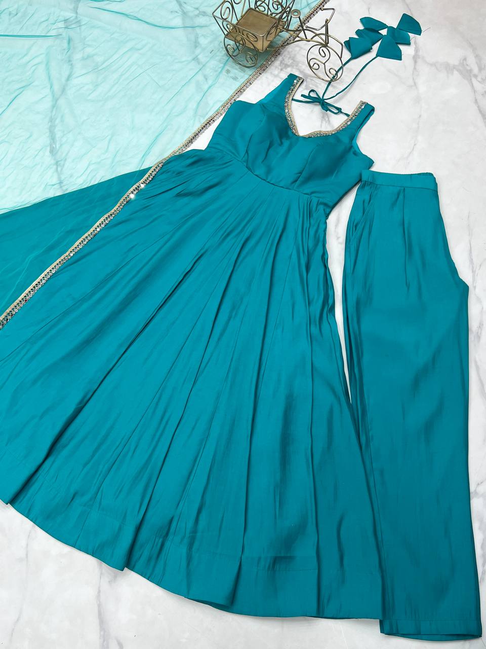 Evanik Rama Pure Romansilk Chanderi Plain Fully Flair Anarkali Suit | Grocsy