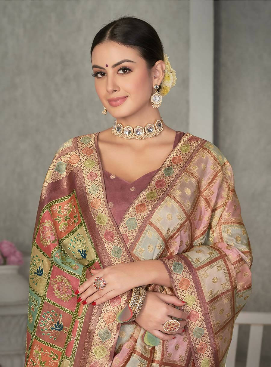 Peach Rangkat Tussar Silk Woven Design Saree with Unstitched Blouse - Mohmanthan Eshani | Grocsy