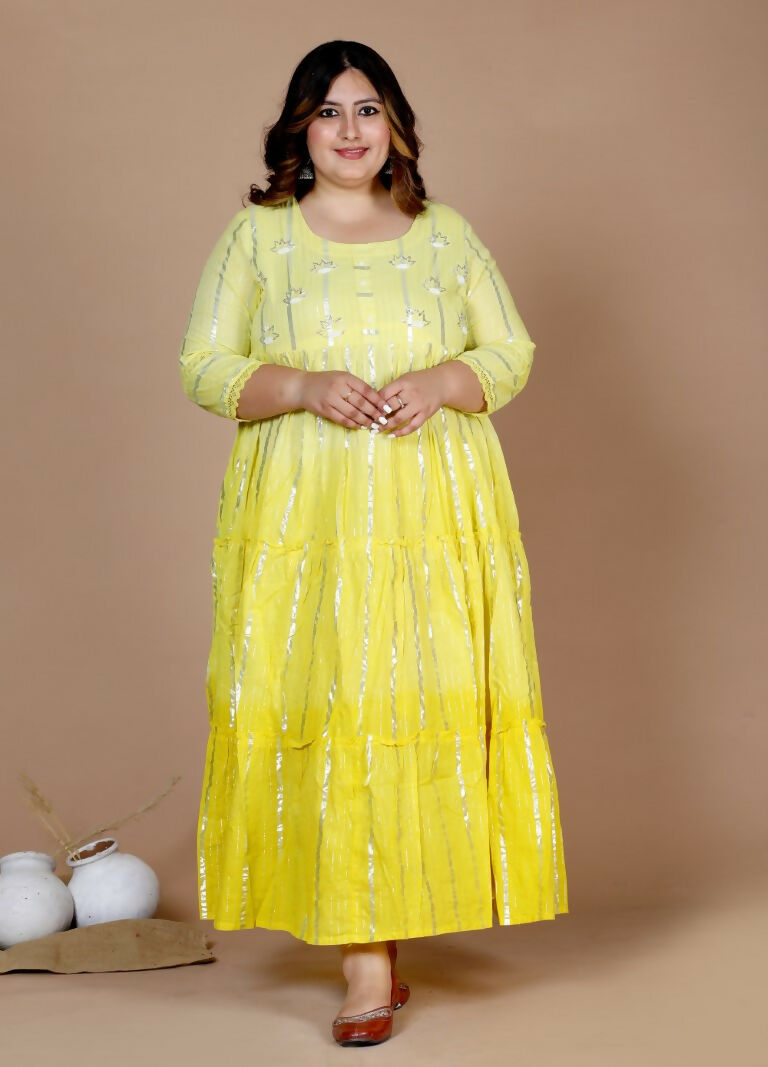 Miravan Women's Plus Size Cotton Embroidery And Lace Work Yellow Party Wear Anarkali Kurta | Grocsy