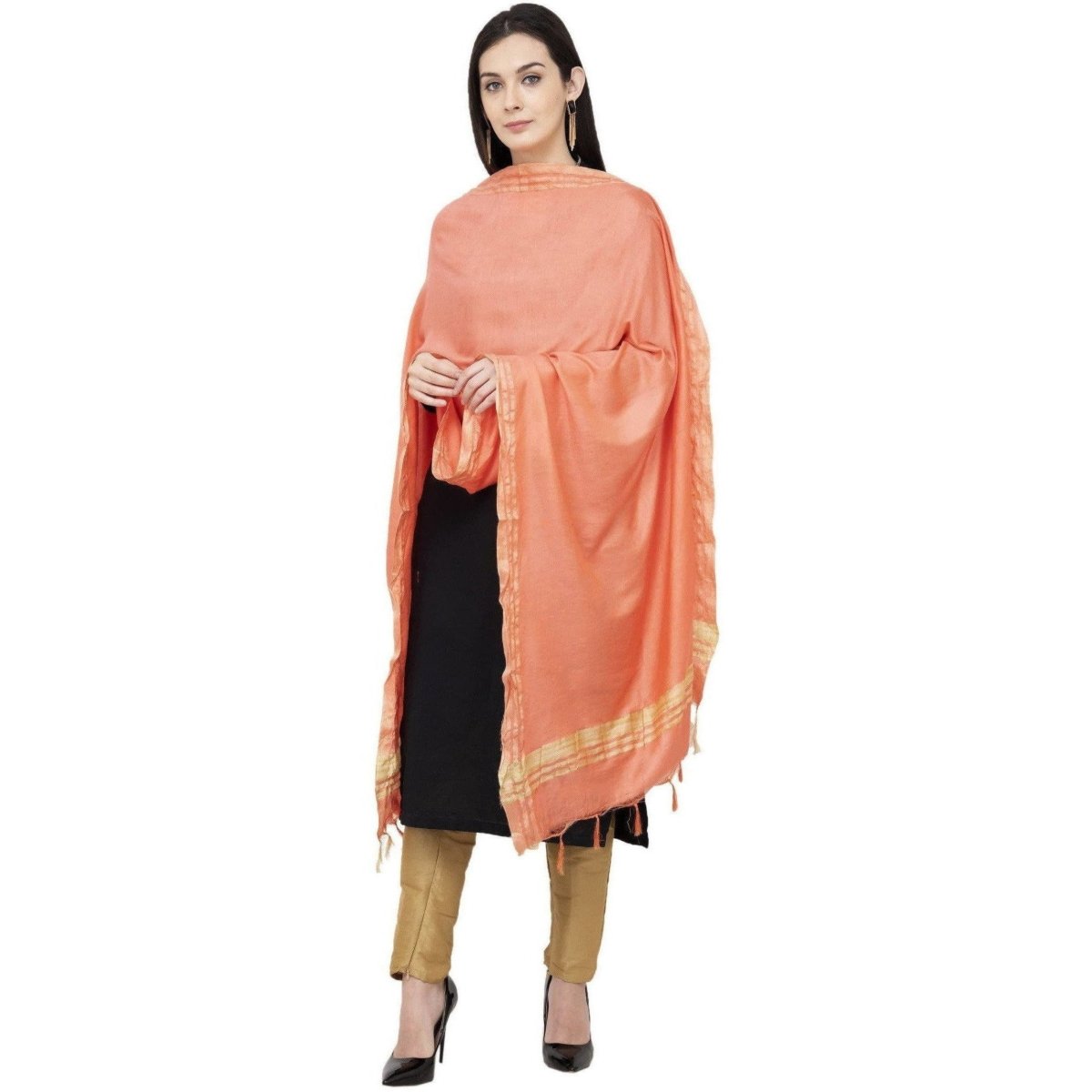 A R Silk Golden Border Regular Dupatta Color Peach Dupatta or Chunni | Grocsy