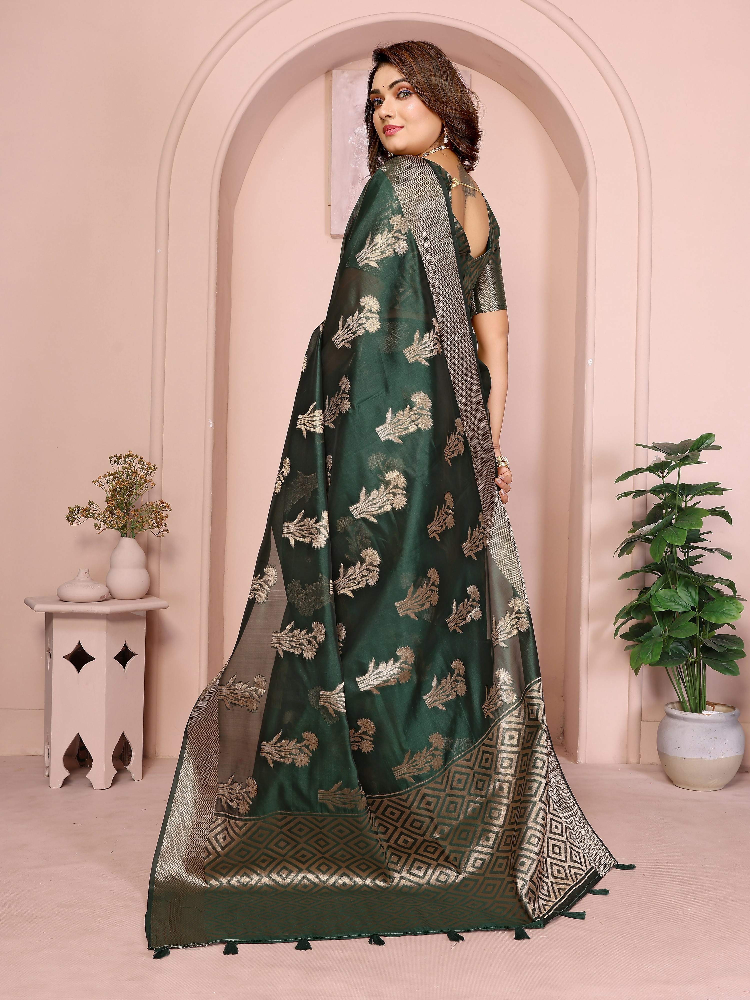 Aastha Fashion Dark Green Soft Organza Silk Weaving Saree | Grocsy