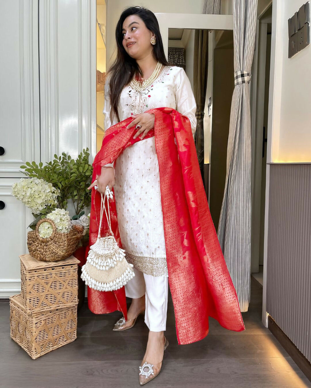 The52 White Women's Beautiful Chanderi Jacquard Fabric Embroidered Work Straight Kurta Pant and Dupatta Set | Grocsy