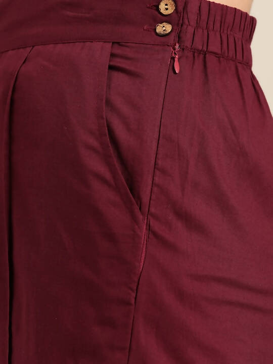 Women Maroon & Golden Pure Cotton Printed Kurta with Palazzos - Vishwa | Grocsy
