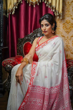 Exclusive Collection Beautiful Musrise White Pure Cotton Hand Weaving Handloom Saree With Running Blouse Piece | Grocsy