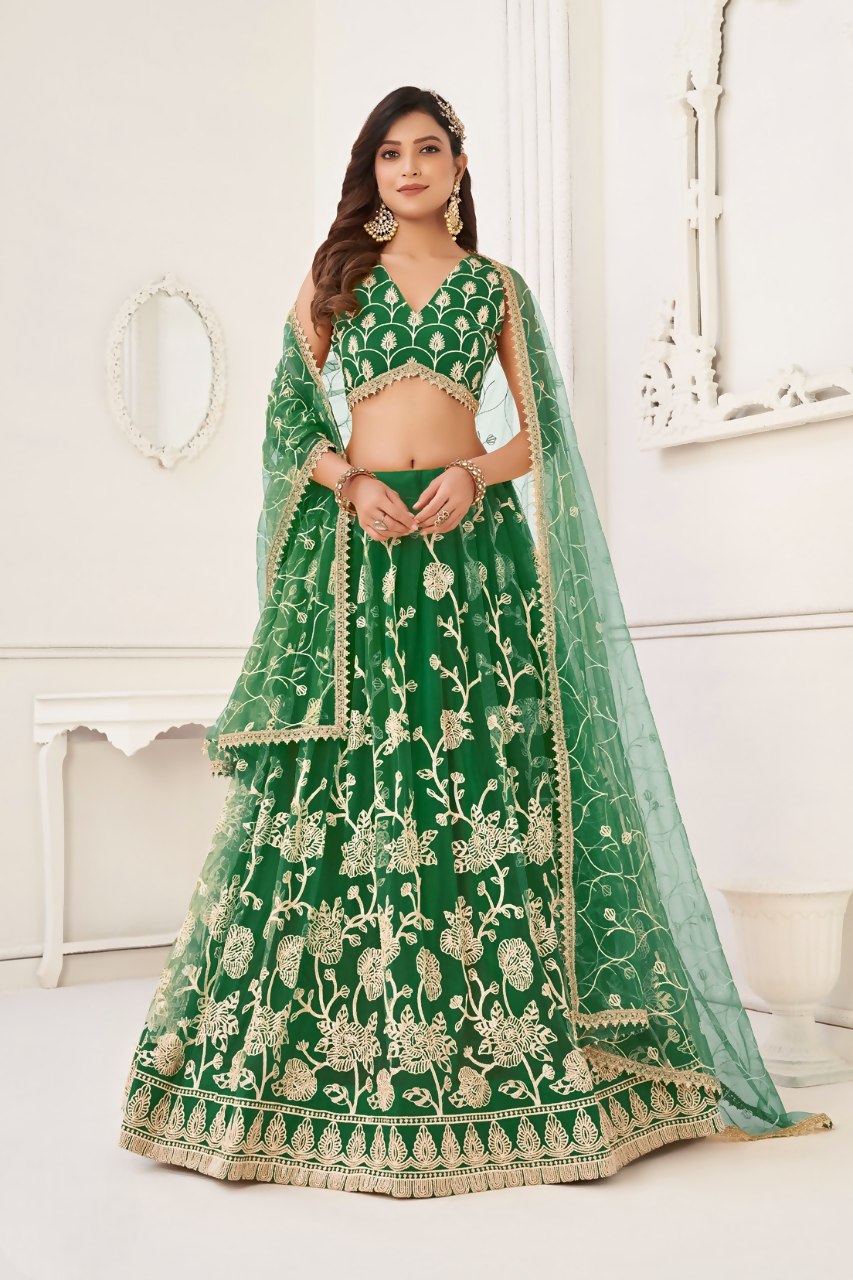 Eilara Women'S Green Butterfly Net With Sequins And Embroidery Work Lehenga Choli For Wedding | Grocsy