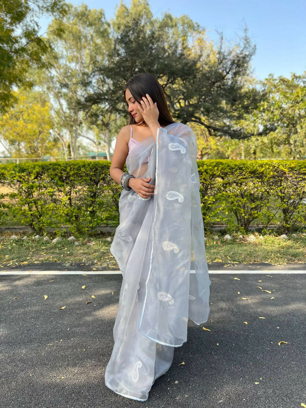 Vamsee Grey Organza Saree | Grocsy