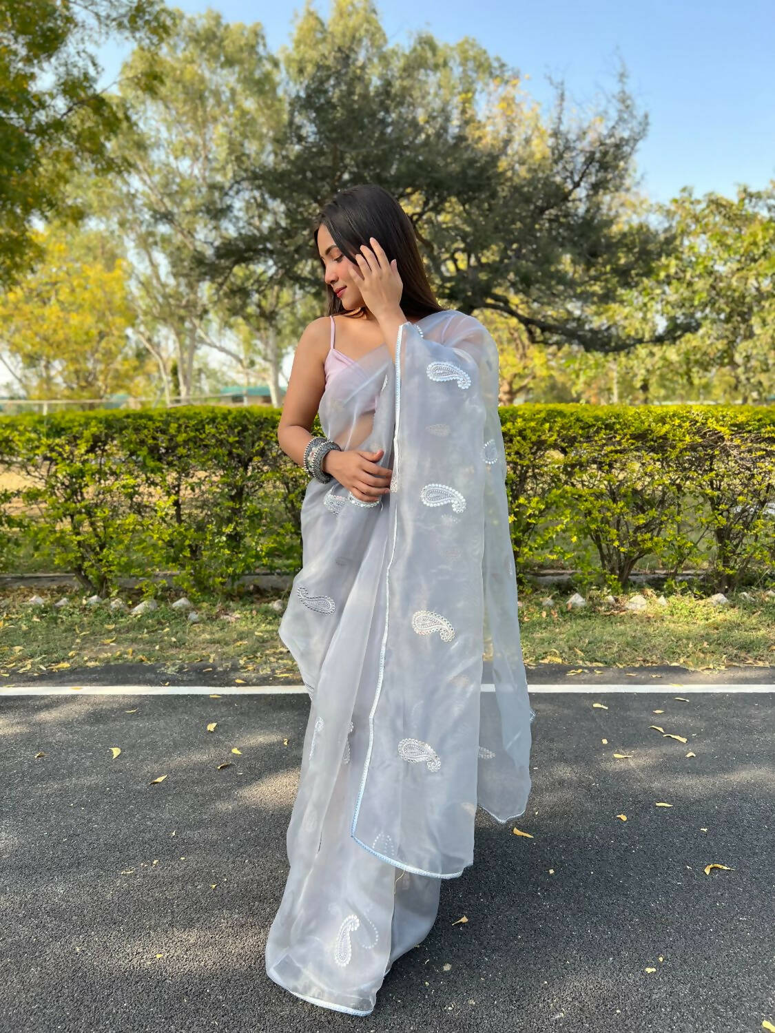 Vamsee Grey Organza Saree | Grocsy