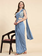 Blue Lycra Solid Ready to wear Saree with stitched Blouse - Vanita | Grocsy