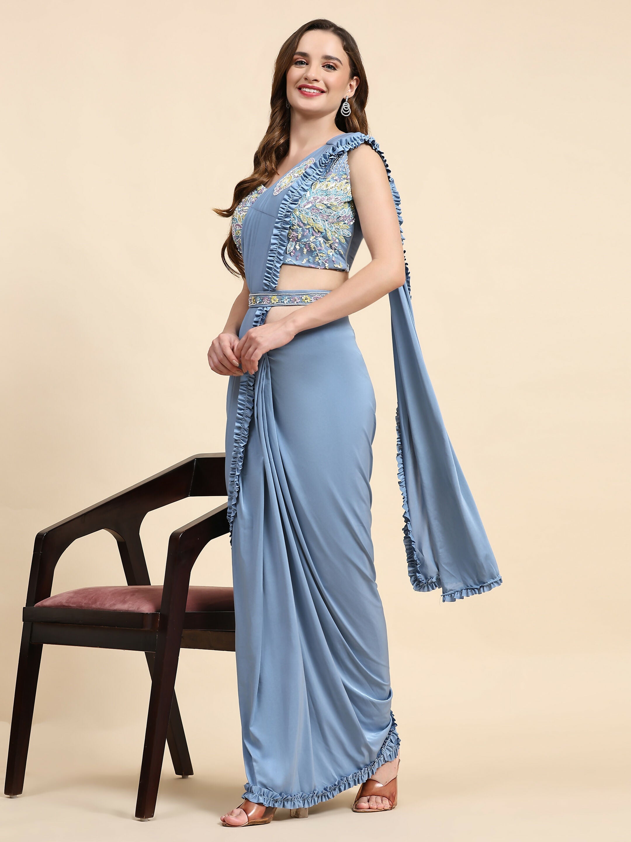 Blue Lycra Solid Ready to wear Saree with stitched Blouse - Vanita | Grocsy